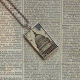 US Capitol Building, American flags, hand-soldered glass pendant, vintage illustrations,  upcycled to soldered glass pendant