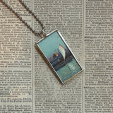 Sailboat and Mt. Fuji scenes, Japanese woodblock prints, up-cycled to hand-soldered glass pendant