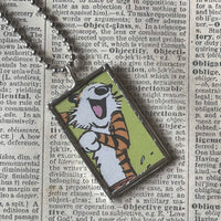 Calvin & Hobbes, original vintage comic book illustrations, upcycled to soldered glass pendant