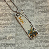 Birds with long tail feathers vintage 1930s children's book illustrations upcycled to soldered glass pendant