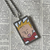 Calvin & Hobbes, original vintage comic book illustrations, upcycled to soldered glass pendant