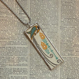 Birds with long tail feathers vintage 1930s children's book illustrations upcycled to soldered glass pendant