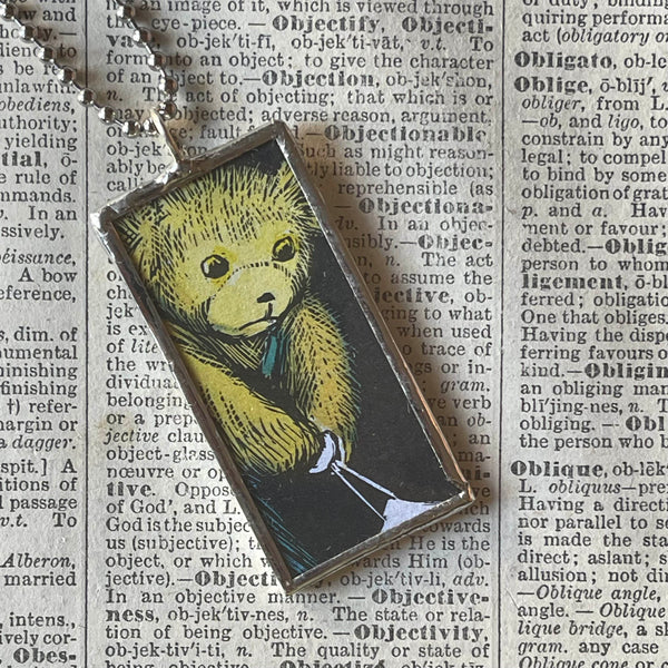 Corduroy, vintage children's book illustrations, up-cycled to soldered glass pendant