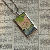 Spring and Winter scenes, Japanese woodblock prints, up-cycled to hand-soldered glass pendant