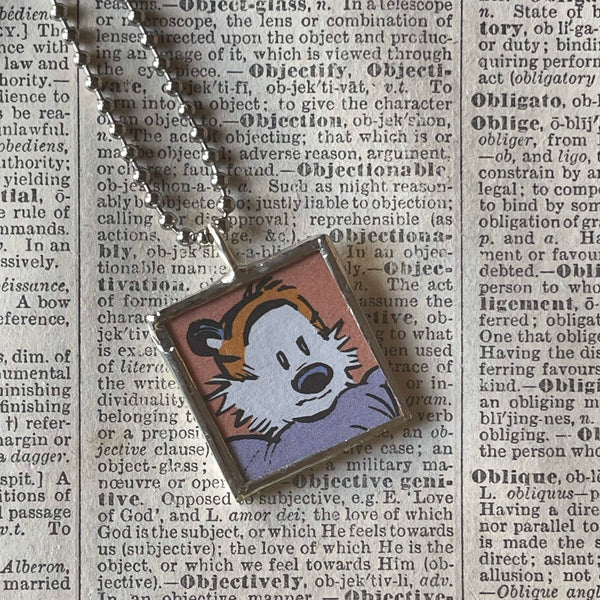 Calvin & Hobbes, original vintage comic book illustrations, upcycled to soldered glass pendant