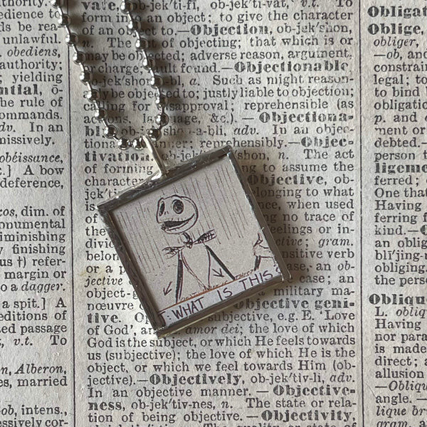 Nightmare before Christmas, Jack Skellington, original illustrations from vintage book, up-cycled to soldered glass pendant
