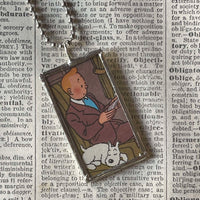 Tintin and Snowy, original vintage 1960s book illustrations, upcycled to soldered glass pendant