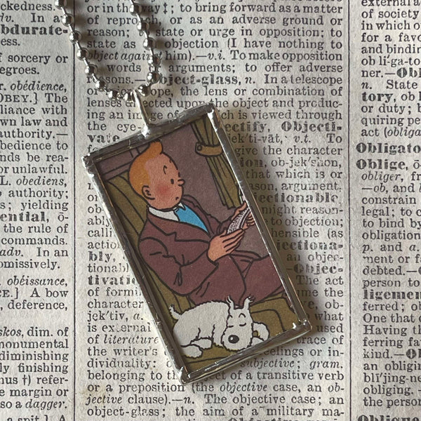 Tintin and Snowy, original vintage 1960s book illustrations, upcycled to soldered glass pendant