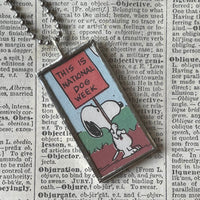 Snoopy, comic strip illustrations from vintage Peanuts book, up-cycled to hand-soldered glass pendant