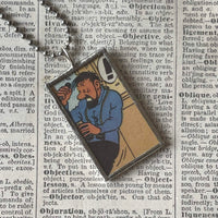 Tintin and Captain Haddock, original vintage 1960s book illustrations, upcycled to soldered glass pendant