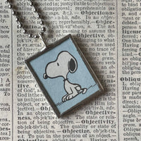 Snoopy, comic strip illustrations from vintage Peanuts book, up-cycled to hand-soldered glass pendant