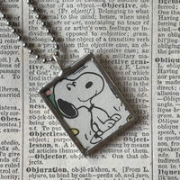 Snoopy, comic strip illustrations from vintage Peanuts book, up-cycled to hand-soldered glass pendant