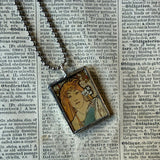 Alphonse Mucha, art nouveau women upcycled to 2-sided soldered glass pendant