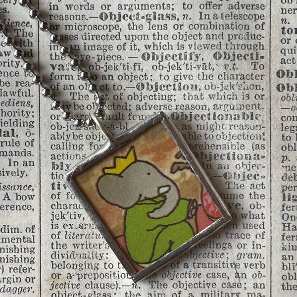 Babar, original vintage 1960s book illustrations, upcycled to soldered glass pendant