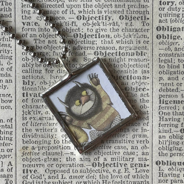 Wild Things, Max, Sendak, vintage children's book illustrations, up-cycled to soldered glass pendant