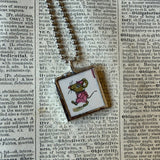 Mouse in car, mice, vintage children's book illustrations, up-cycled to soldered glass pendant