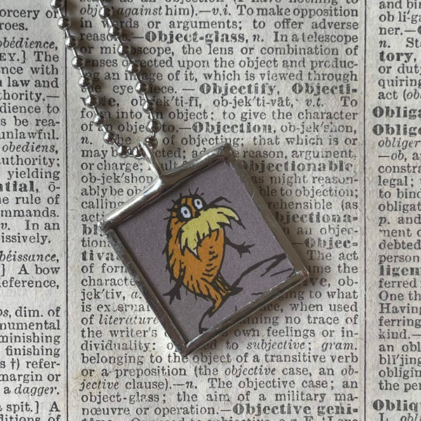 The Lorax, original illustrations from vintage book, up-cycled to soldered glass pendant