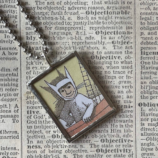 Wild Things, Max, Sendak, vintage children's book illustrations, up-cycled to soldered glass pendant