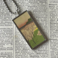 Waterfall, Cherry Blossoms, Japanese woodblock prints, up-cycled to hand-soldered glass pendant