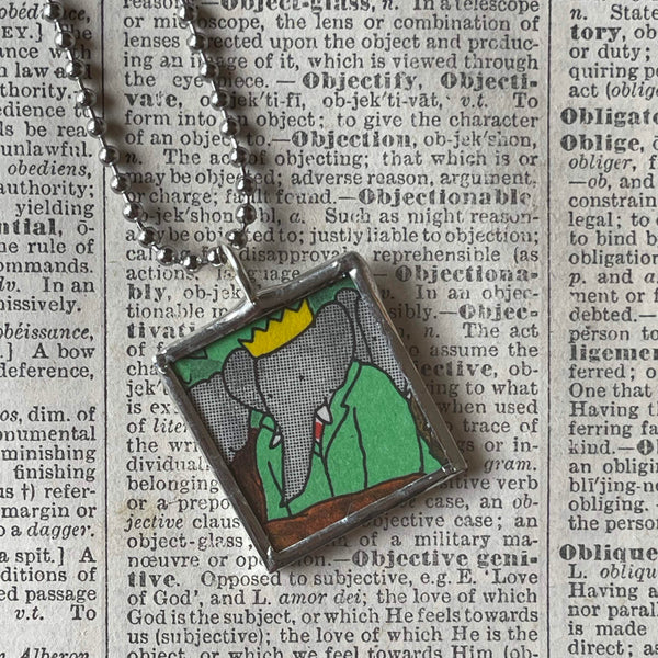 Babar, original vintage 1960s book illustrations, upcycled to soldered glass pendant
