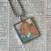 Tintin and Captain Haddock, original vintage 1960s book illustrations, upcycled to soldered glass pendant