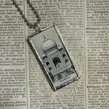 Taj Mahal, illustrations upcycled from vintage Indian matchbooks, upcycled hand soldered glass pendant