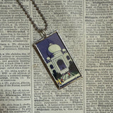 Taj Mahal, illustrations upcycled from vintage Indian matchbooks, upcycled hand soldered glass pendant