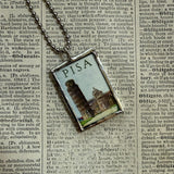 Pisa, Italy vintage travel poster images, upcycled hand soldered glass pendant