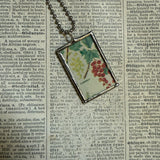 Hummingbird, currants vintage 1940s vintage field guide illustrations, up-cycled to soldered glass pendant
