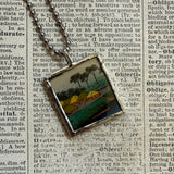 White Crane, Egret, wetlands, Japanese woodblock prints, up-cycled to hand-soldered glass pendant