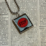 Stop - Go - vintage children's book illustrations, hand-soldered glass pendant