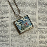 Temple and bridge scenes, Japanese woodblock prints, up-cycled to hand-soldered glass pendant