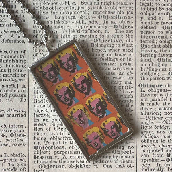 Marilyn Monroe, Andy Warhol, Matisse modern art, upcycled to hand soldered glass pendant