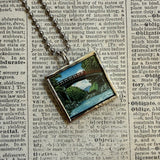 Temple and bridge scenes, Japanese woodblock prints, up-cycled to hand-soldered glass pendant