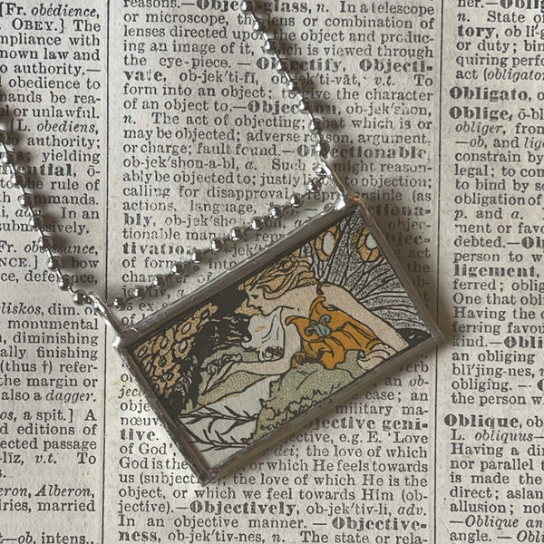 Fairy, vintage children's book illustration, hand-soldered glass pendant