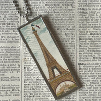 Paris France, Eiffel Tower, hand-soldered glass pendant, vintage perfume advertising illustrations,  upcycled to soldered glass pendant