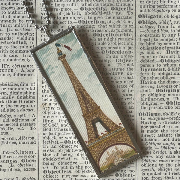 Paris France, Eiffel Tower, hand-soldered glass pendant, vintage perfume advertising illustrations,  upcycled to soldered glass pendant