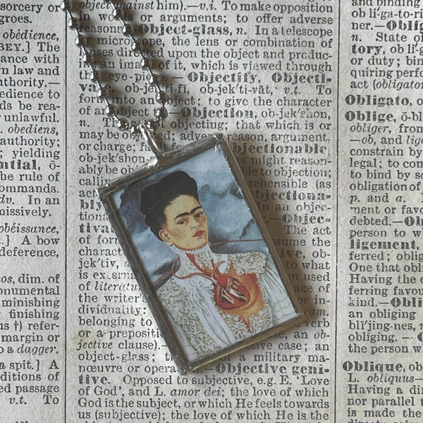 Frida Khalo, self-portraits, upcycled to hand soldered glass pendant
