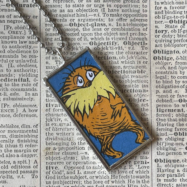 The Lorax, original illustrations from vintage book, up-cycled to soldered glass pendant