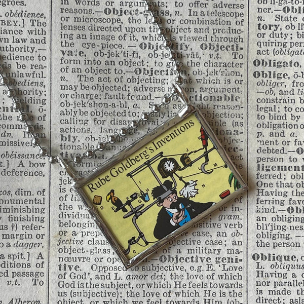 Rube Goldberg Inventions, Katzenjammer Kids, vintagepostage stamps upcycled to hand-soldered glass pendant
