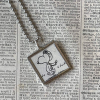 Snoopy, Lucy, comic strip illustrations from vintage Peanuts book, up-cycled to hand-soldered glass pendant