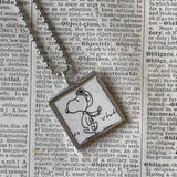 Snoopy, Lucy, comic strip illustrations from vintage Peanuts book, up-cycled to hand-soldered glass pendant