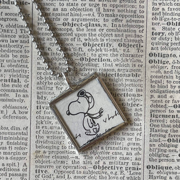 Snoopy, Lucy, comic strip illustrations from vintage Peanuts book, up-cycled to hand-soldered glass pendant
