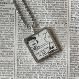 Snoopy, Lucy, comic strip illustrations from vintage Peanuts book, up-cycled to hand-soldered glass pendant