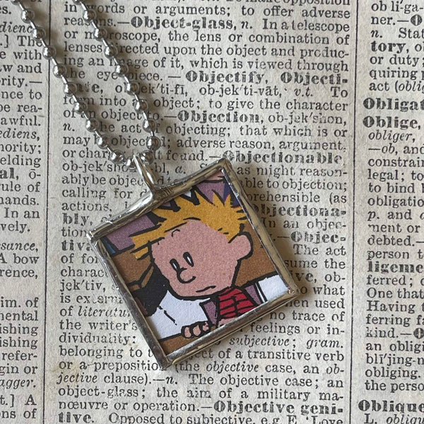 Calvin & Hobbes, original vintage comic book illustrations, upcycled to soldered glass pendant