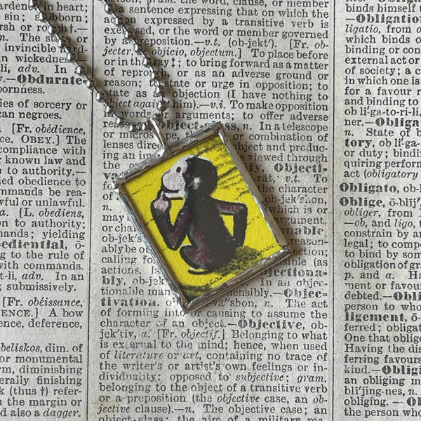 Curious George, original vintage childrens' book illustrations, upcycled to soldered glass pendant