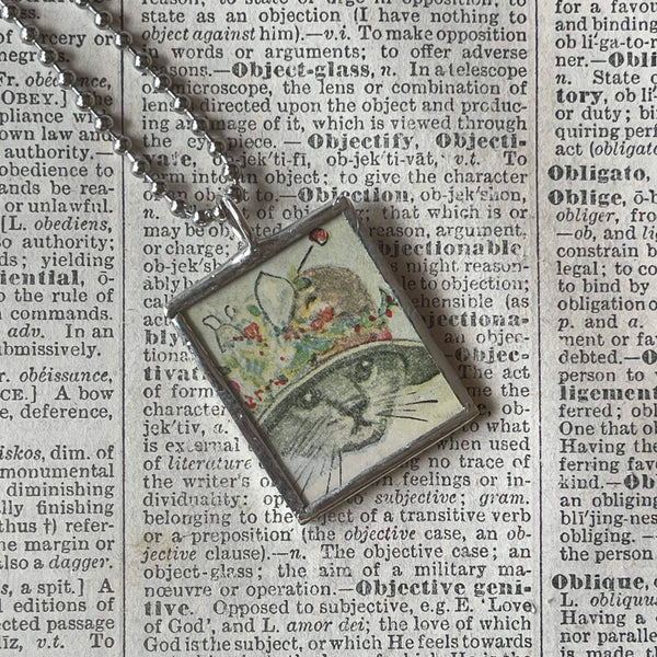 Cat, Kitten, Kitty, vintage children's book illustrations, up-cycled to soldered glass pendant