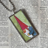 Gnomes, vintage children's book illustration up-cycled to soldered glass pendant