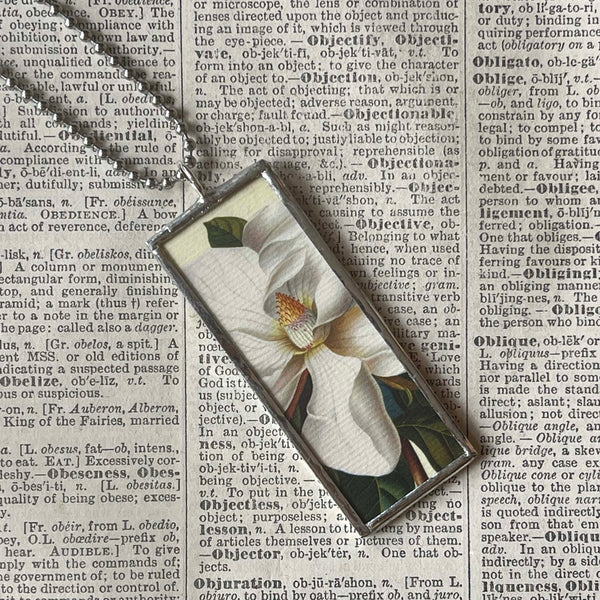 Magnolia flowers, botanical illustrations, up-cycled to soldered glass pendant