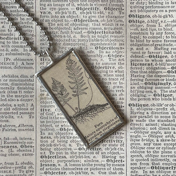 Fern, vintage botanical dictionary illustration, up-cycled to soldered glass pendant